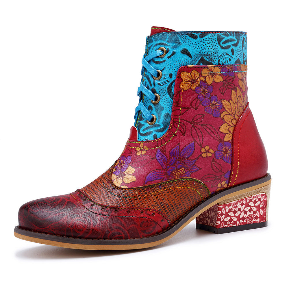 Bottes ethniques rétro décontractées, impression de dentelle, bottes de cowboy à motif foncé