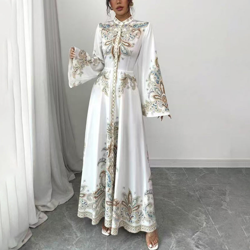 Robe Maxi Élégante à Col Montant avec Imprimé Floral – Manches Longues Fluides