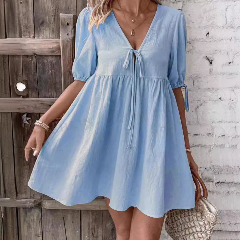 Robe Évasée à Lacets sur le Buste avec Décolleté Plongeant en V