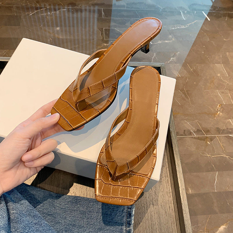 Tongs en Cuir pour Femmes à Bout Carré
