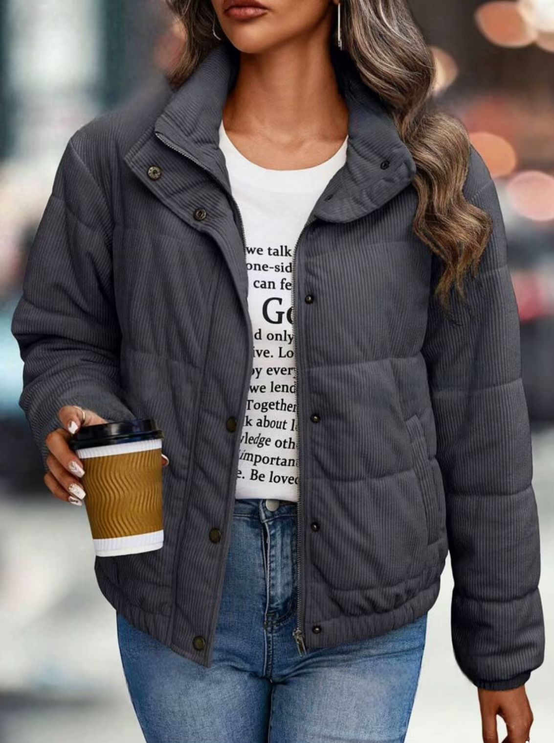 Veste courte en coton pour femmes, manteau à manches longues et col roulé