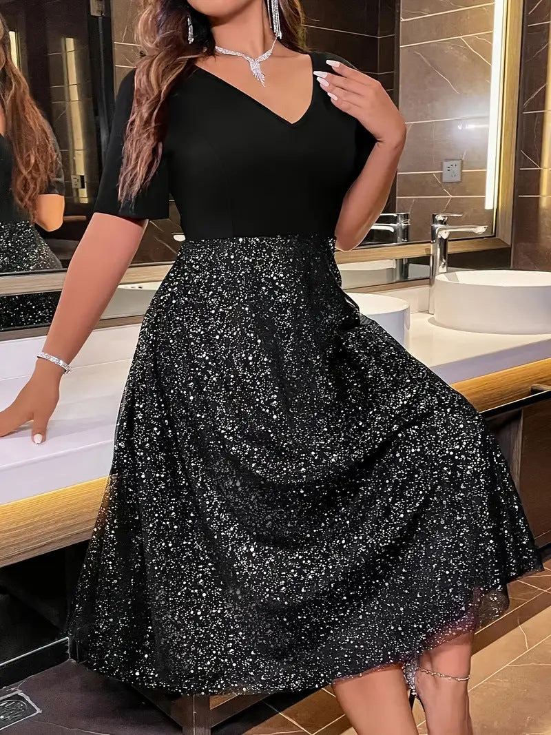 Robe trapèze argentée, col en v, manches courtes, grande taille, vêtements pour femmes