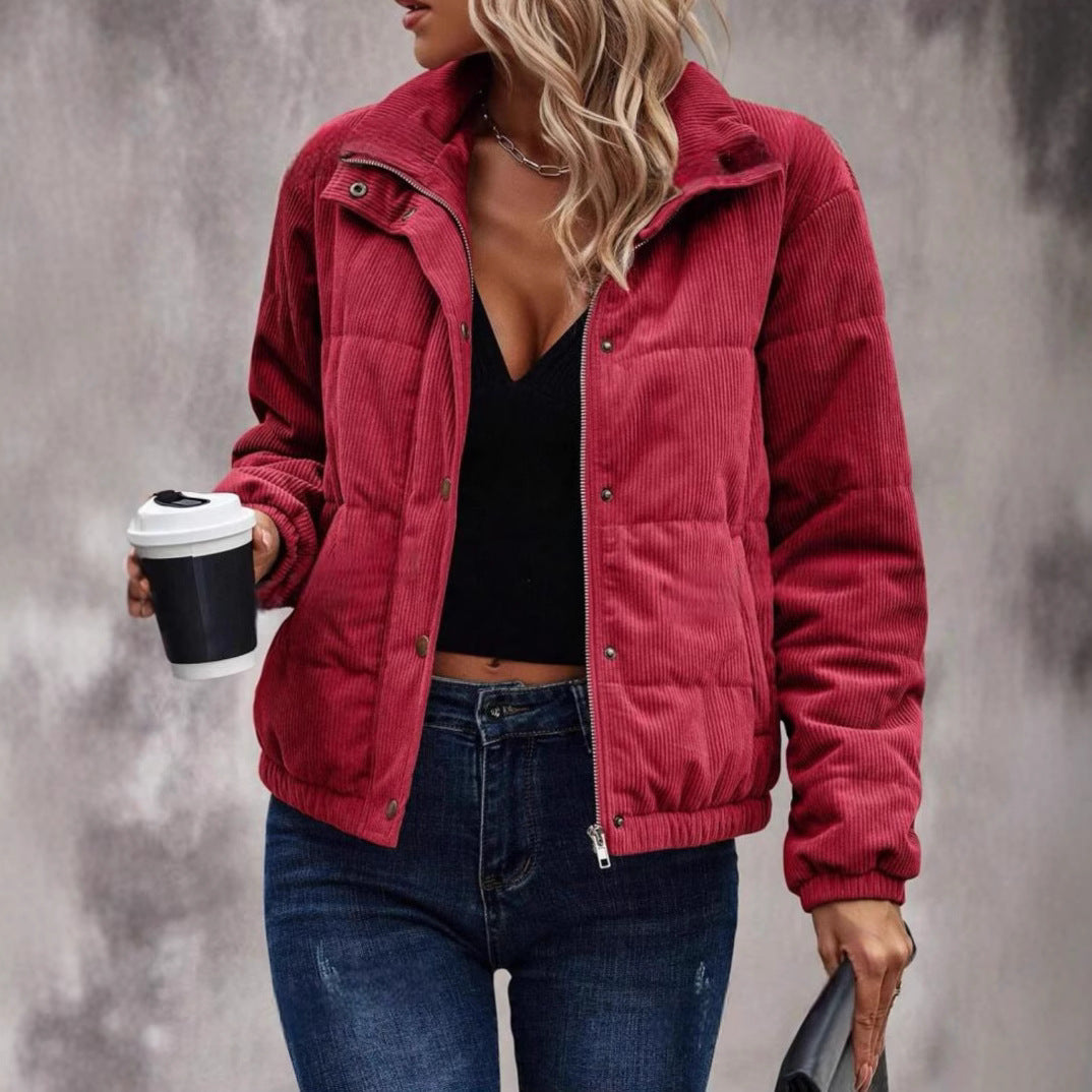 Veste courte en coton pour femmes, manteau à manches longues et col roulé