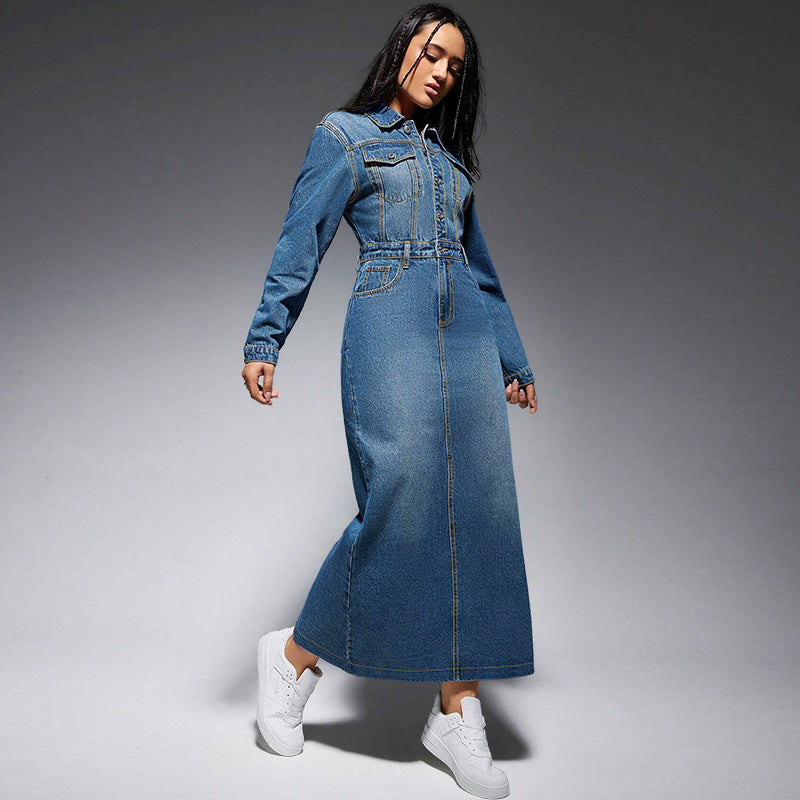 Robe longue fendue à manches longues et boutons à revers pour femmes