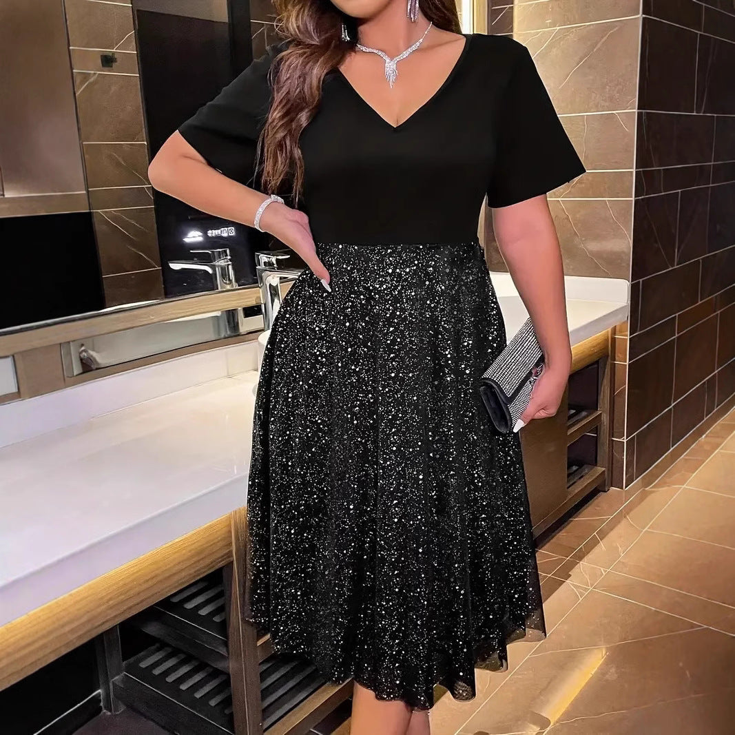Robe trapèze argentée, col en v, manches courtes, grande taille, vêtements pour femmes
