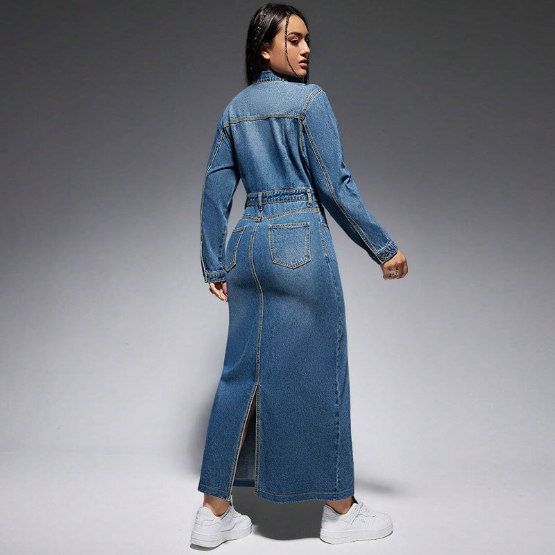 Robe longue fendue à manches longues et boutons à revers pour femmes