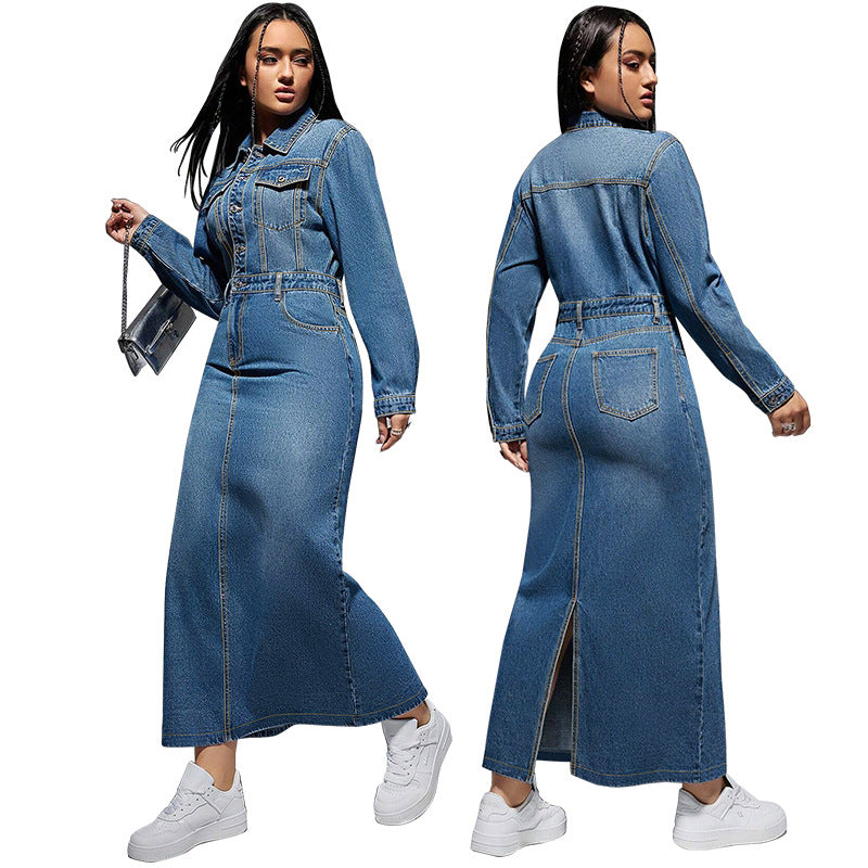 Robe longue fendue à manches longues et boutons à revers pour femmes