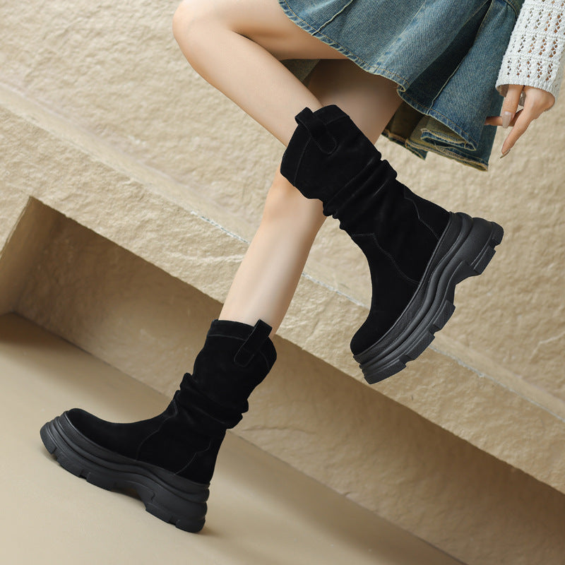 Bottes de style à poils plissés givrés à bout rond et à semelle épaisse