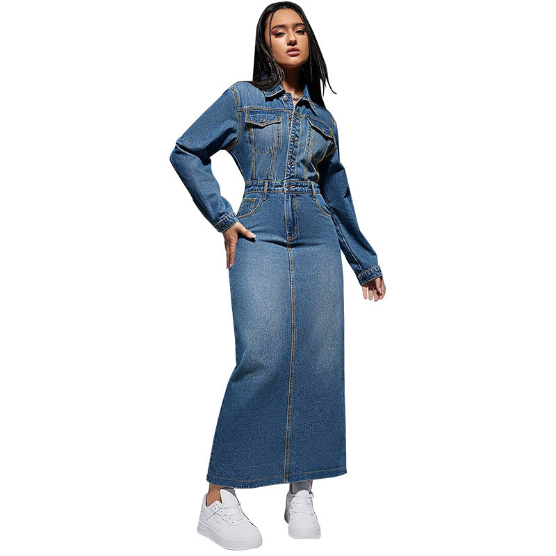 Robe longue fendue à manches longues et boutons à revers pour femmes