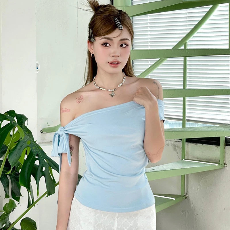 New Shrink Pleated One-Shoulder Crop Top