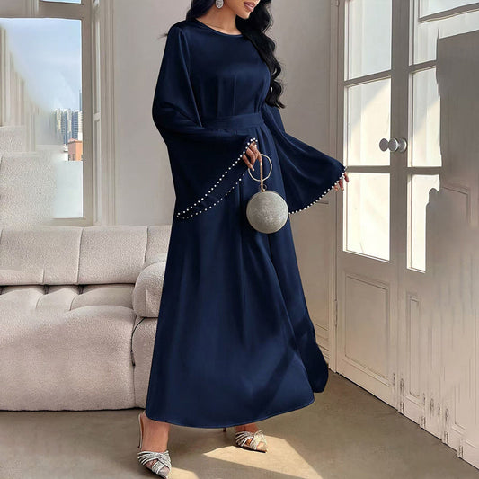 Robe Longue Élégante à Manches Longues avec Détail de Perles