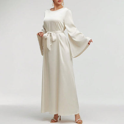 Robe Longue Élégante à Manches Longues avec Détail de Perles