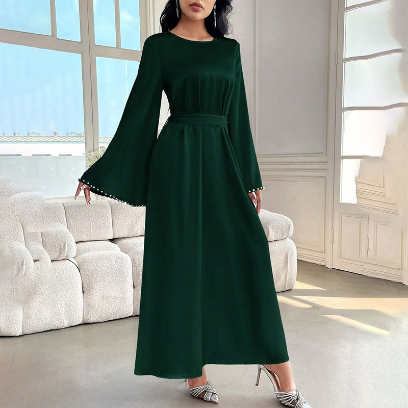 Robe Longue Élégante à Manches Longues avec Détail de Perles