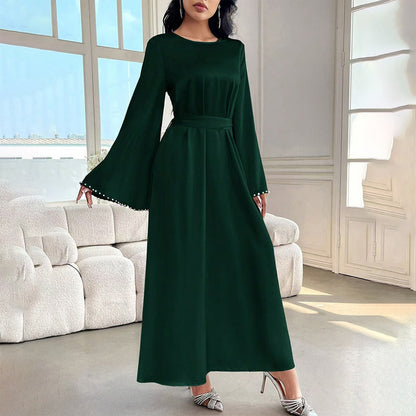 Robe Longue Élégante à Manches Longues avec Détail de Perles