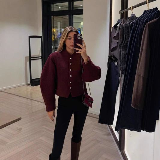 Manteau vin rouge à simple boutonnage argenté à col rond