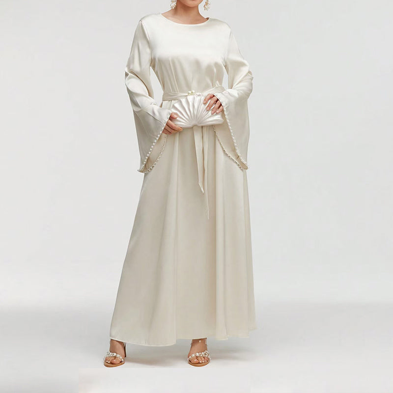 Robe Longue Élégante à Manches Longues avec Détail de Perles