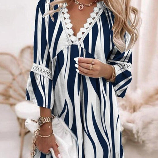 Printemps imprimé dentelle couture bohème décontracté vacances style robe