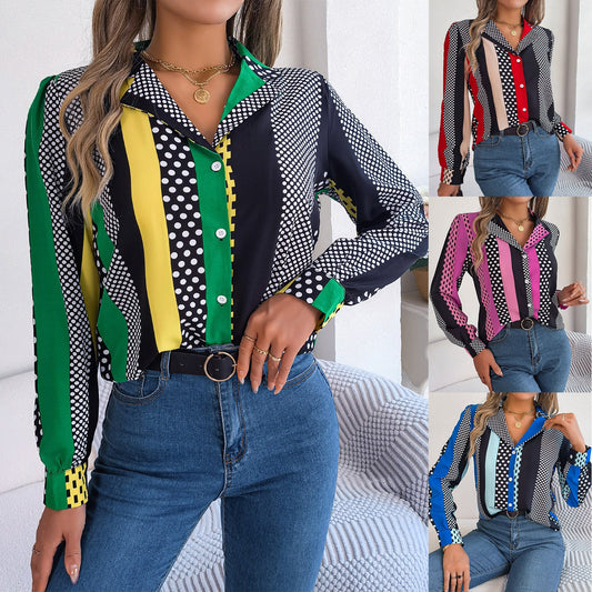 Chemise manches longues col costume à pois contrastés

