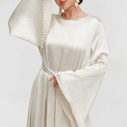 Robe Longue Élégante à Manches Longues avec Détail de Perles