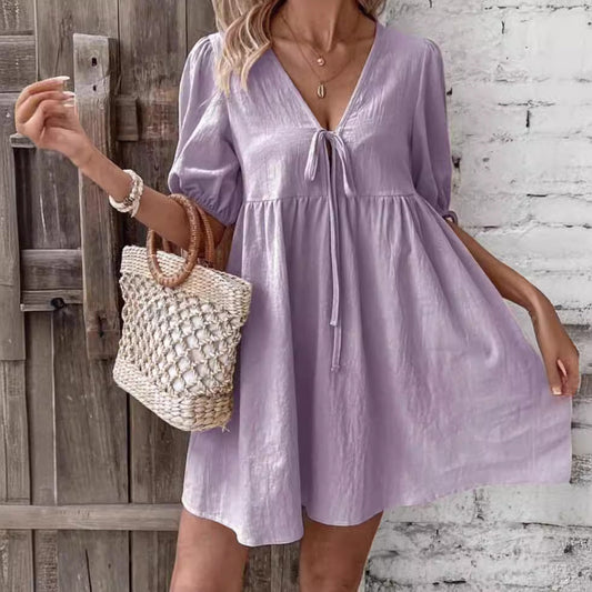 Robe Évasée à Lacets sur le Buste avec Décolleté Plongeant en V