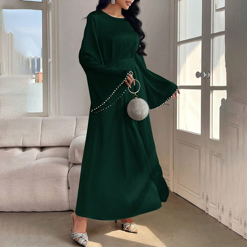 Robe Longue Élégante à Manches Longues avec Détail de Perles