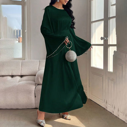 Robe Longue Élégante à Manches Longues avec Détail de Perles