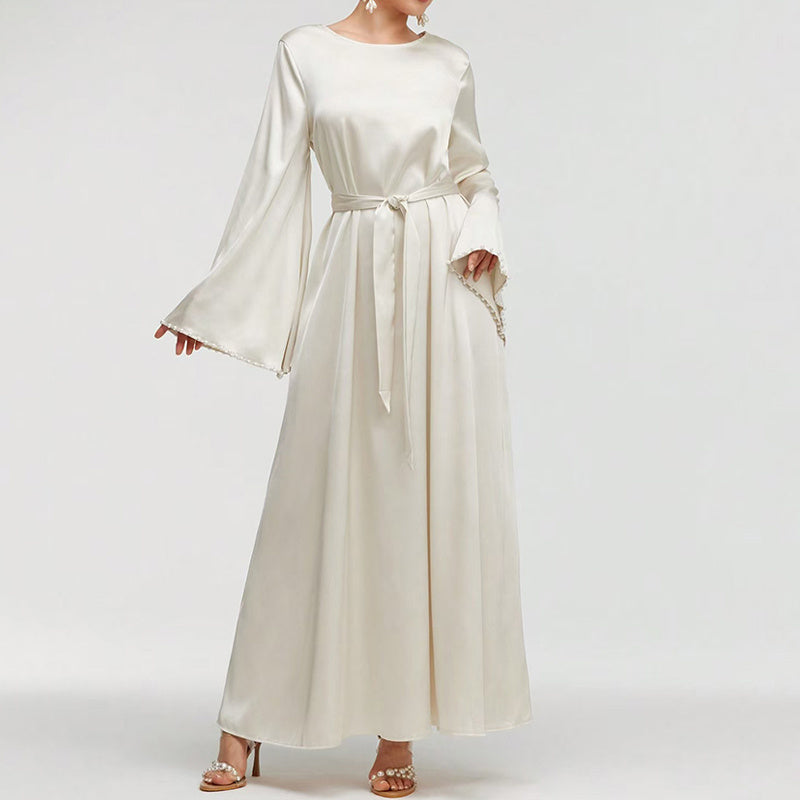 Robe Longue Élégante à Manches Longues avec Détail de Perles