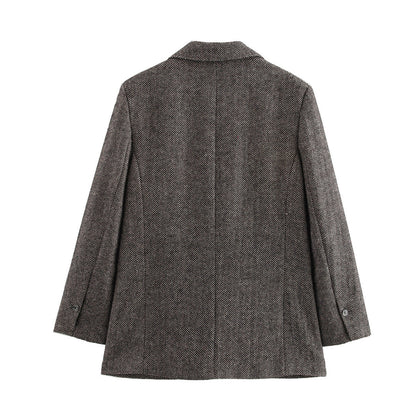 Manteau de costume automne-hiver en laine, avec motif chevrons, élégant et polyvalent.
