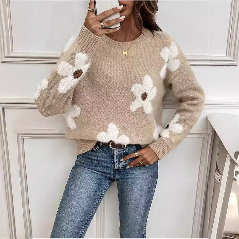 Mode pull col rond manches longues pull Jacquard couleur unie haut tricoté pour les femmes