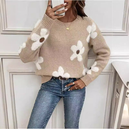 Mode pull col rond manches longues pull Jacquard couleur unie haut tricoté pour les femmes