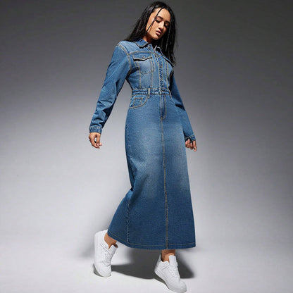 Robe longue fendue à manches longues et boutons à revers pour femmes
