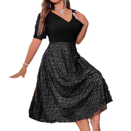 Robe trapèze argentée, col en v, manches courtes, grande taille, vêtements pour femmes