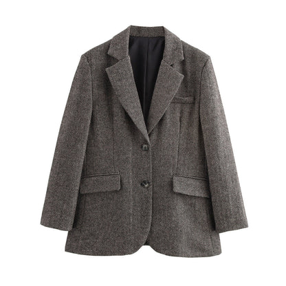 Manteau de costume automne-hiver en laine, avec motif chevrons, élégant et polyvalent.