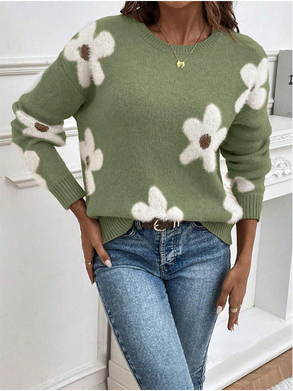 Mode pull col rond manches longues pull Jacquard couleur unie haut tricoté pour les femmes