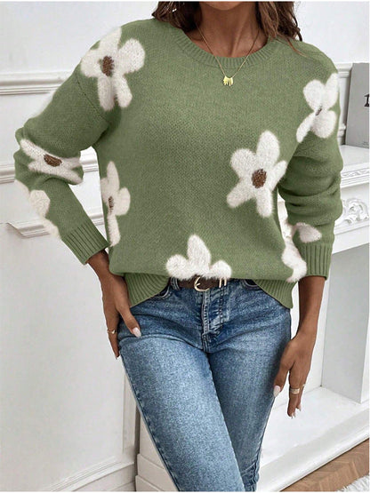 Mode pull col rond manches longues pull Jacquard couleur unie haut tricoté pour les femmes