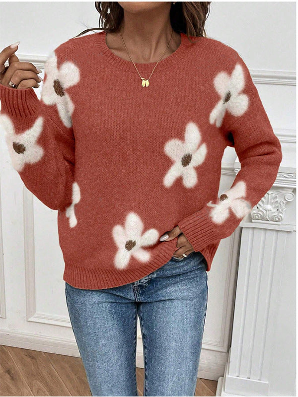 Mode pull col rond manches longues pull Jacquard couleur unie haut tricoté pour les femmes