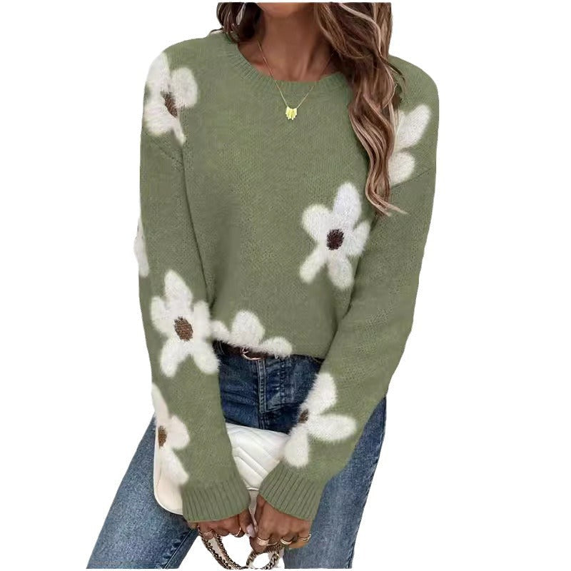 Mode pull col rond manches longues pull Jacquard couleur unie haut tricoté pour les femmes