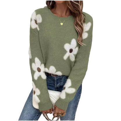 Mode pull col rond manches longues pull Jacquard couleur unie haut tricoté pour les femmes