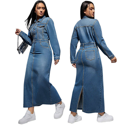 Robe longue fendue à manches longues et boutons à revers pour femmes