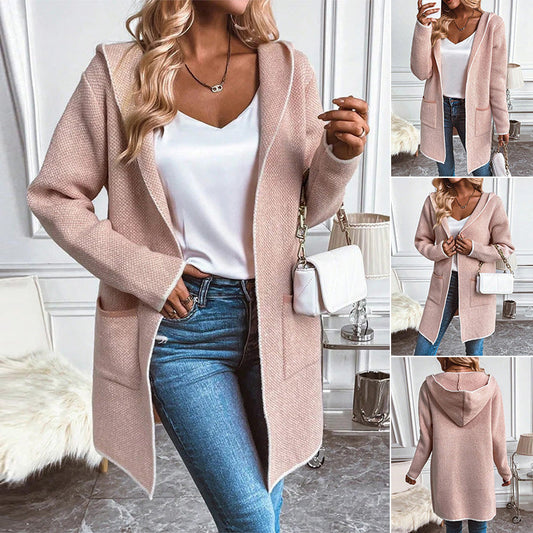 Manteau de poche cardigan à capuche en tricot ample à manches longues