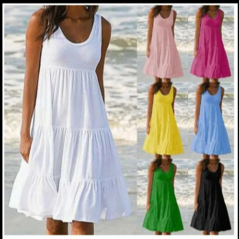 Women's Casual O Neck Sleeveless Ruffle Mini Dress