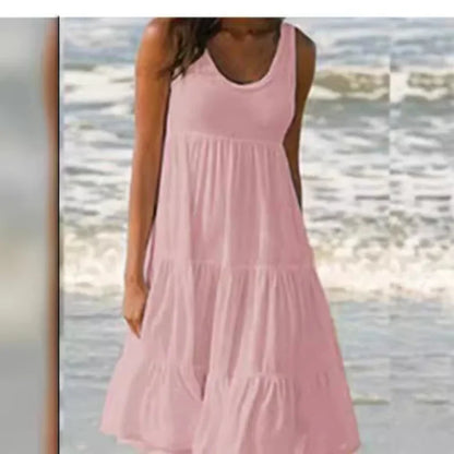 Women's Casual O Neck Sleeveless Ruffle Mini Dress