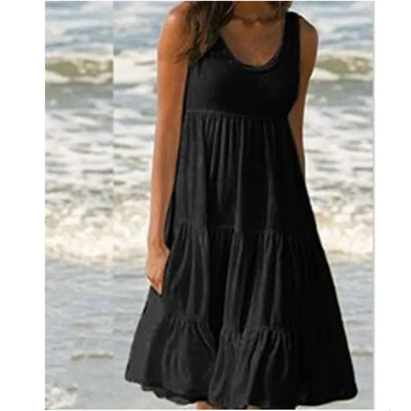 Women's Casual O Neck Sleeveless Ruffle Mini Dress