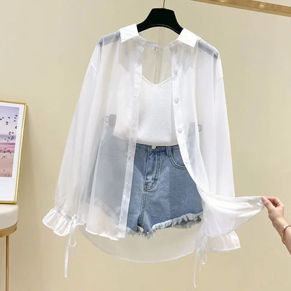 Women Summer Thin Loose Button-Up Sunscreen Shirt