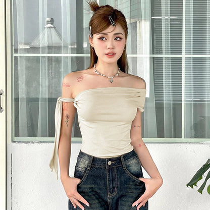 New Shrink Pleated One-Shoulder Crop Top