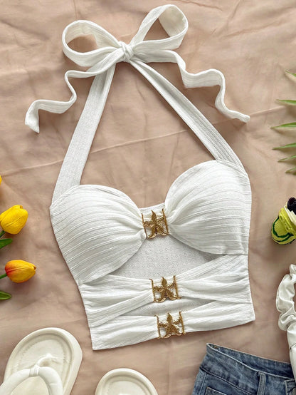 New  Style Hollowed-Out Five-Pointed Star Inlaid Versatile Halter Top