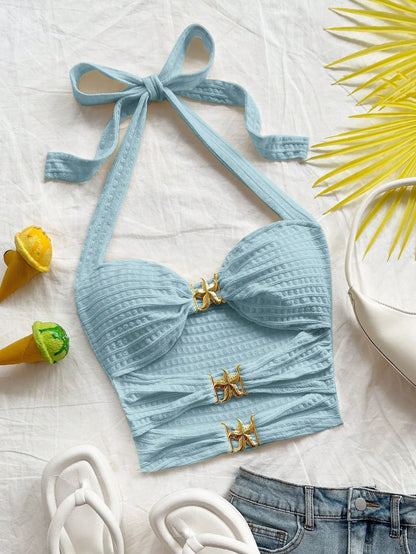 New  Style Hollowed-Out Five-Pointed Star Inlaid Versatile Halter Top