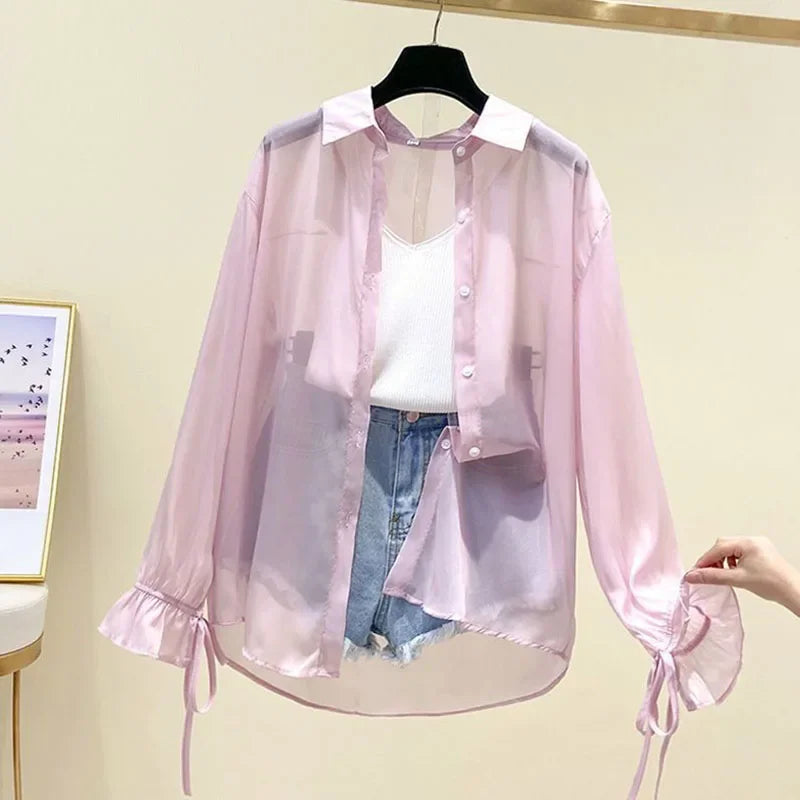 Women Summer Thin Loose Button-Up Sunscreen Shirt