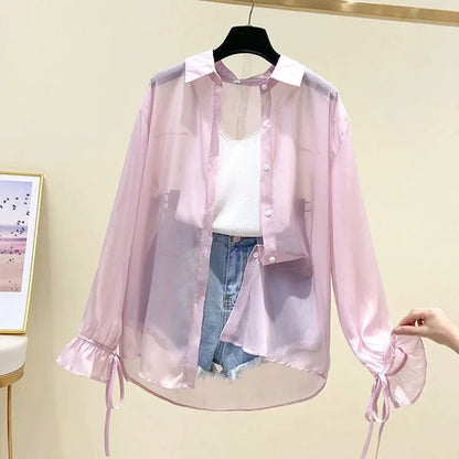 Women Summer Thin Loose Button-Up Sunscreen Shirt