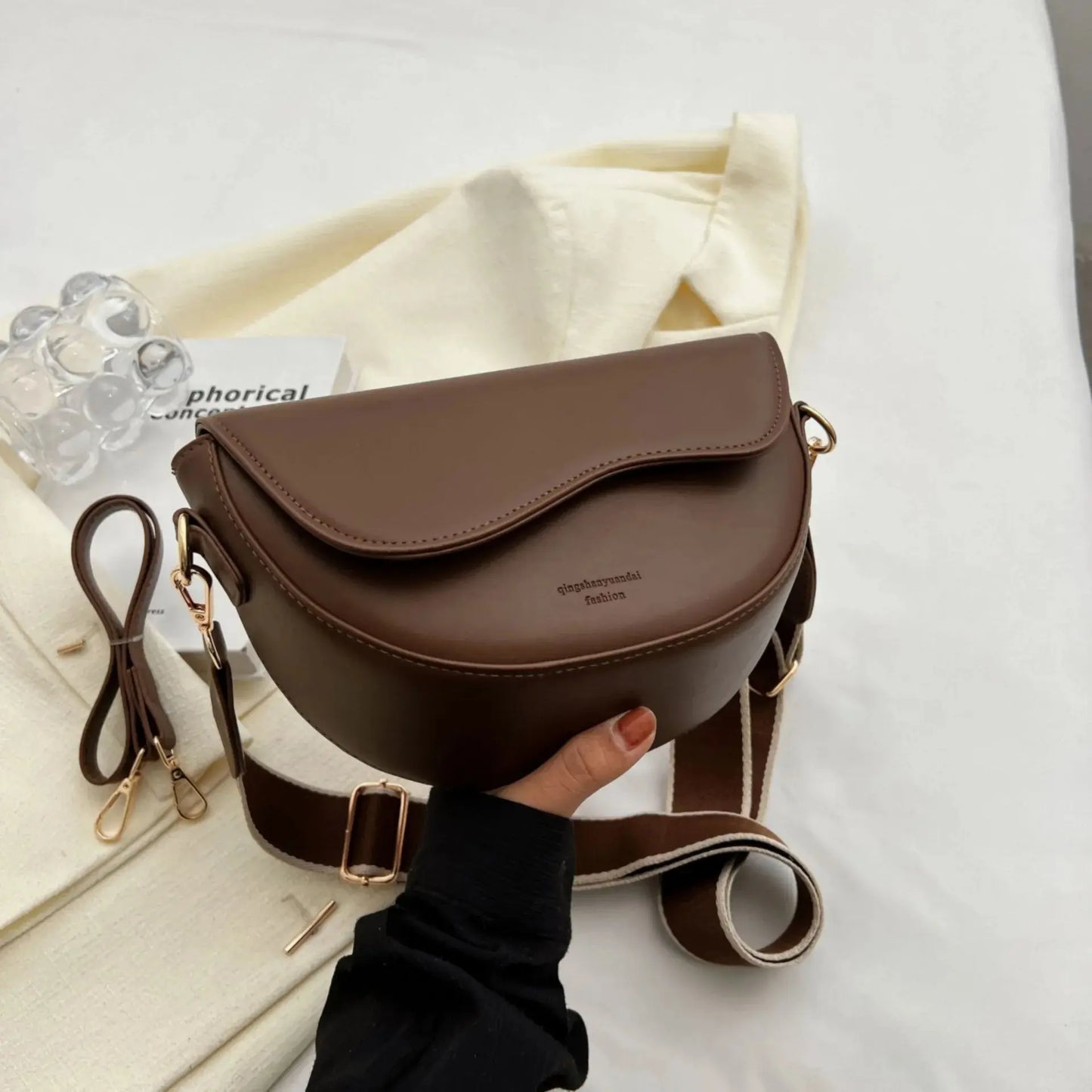 Women Fashion PU Leather Wide Strap Crossbody Bag